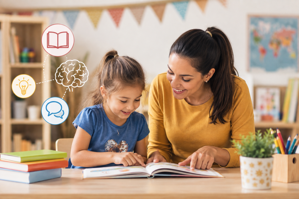 Teacher and child reading a book together to build early literacy skills